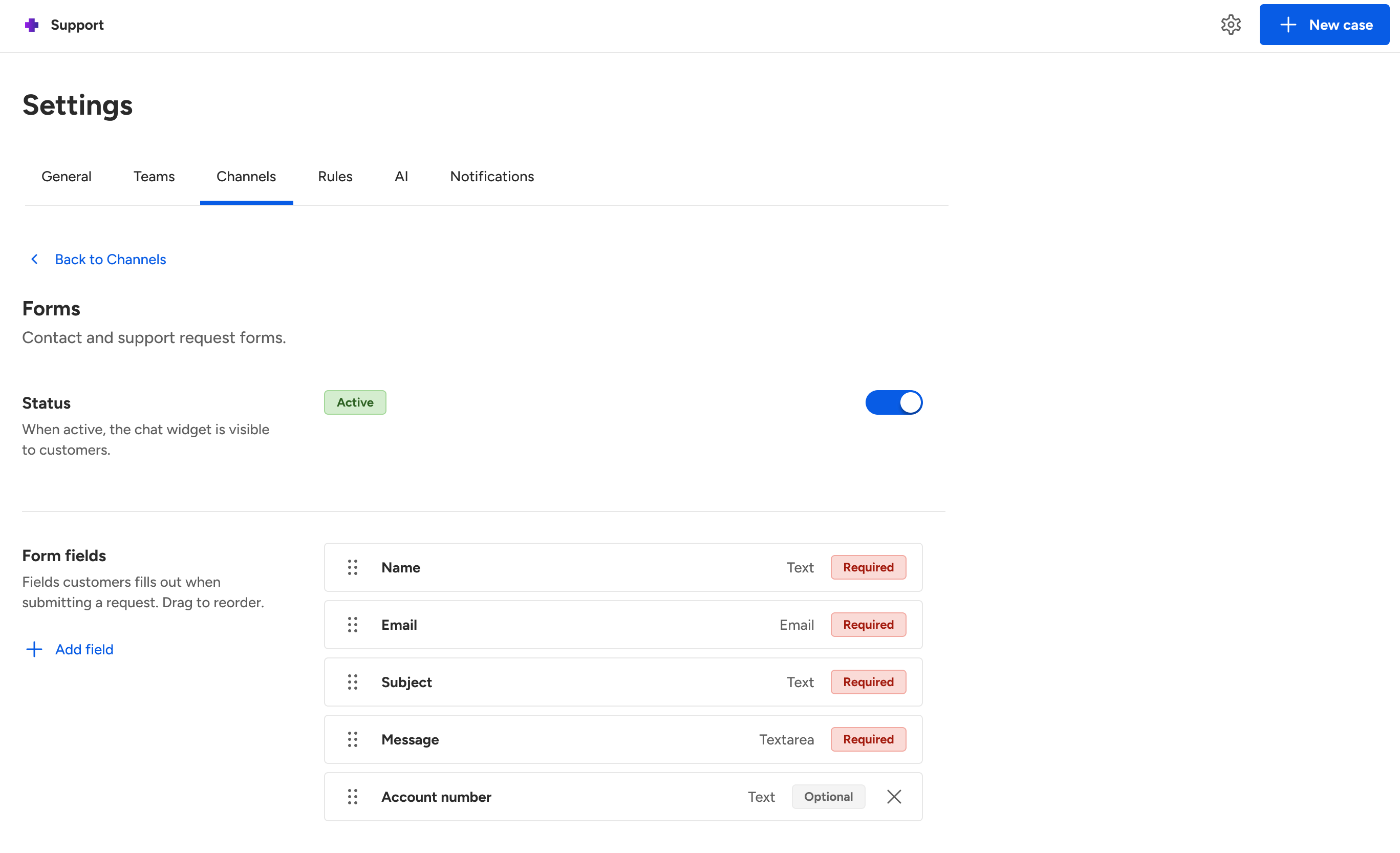 Figure 3: Screenshot of the design for the upcoming form settings functionality, which will allow status toggling, customized form fields, confirmation messaging, and website form installation.